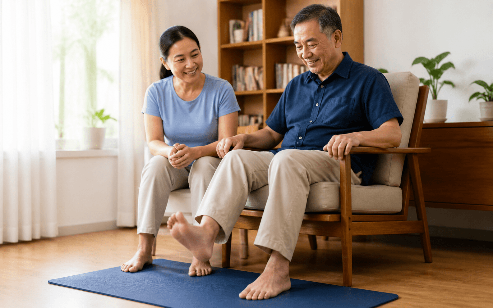 Người lớn tuổi thực hành vận động chân khi ngồi
